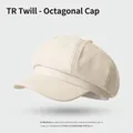 Classic cream-colored octagonal newsboy hat in premium TR twill fabric with top button - One Size / Plain Fine Texture-Beige