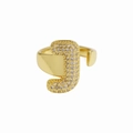 Adjustable 18k gold plated balloon letter J ring with sparkling cubic zirconia pavé - Letter J / Gold
