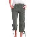 Detail of adjustable drawstring waist and decorative leg ties on linen cropped pants - S / Army Green