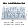 Size chart for 26 uppercase alphabet silicone molds for resin, candles and chocolate - Mirror Uppercase Letters (255-1)