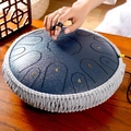 Blue steel tongue drum with gray braided rope and numerical scales on wooden surface - 13 Inch 15 Notes - Navy Blue - Maple Leaf