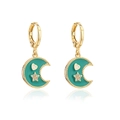 Detailed view of gold plated earrings with green enamel moon and zircon star pendants - Green Enamel Crescent (42014)