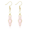Detail of pink crystal hexagonal pendant earrings with golden wire wrapped craft - Wire Wrapped Hexagonal Prism Earrings / Gold Rose Quartz Earrings
