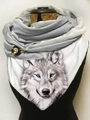 Wolf head print scarf with blue eyes and large wooden button closure for women - 11-Grey Wolf Head