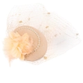 Elegant champagne bridal fascinator hat with pearls, feathers and mesh veil - Champagne