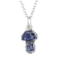 Detailed close-up of blue crystal mushroom pendant with silver wire-wrapped craft - Blue Sodalite