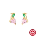 Pink heart cherry stud earrings in gold finish with green marquise leaf accents - 925 Silver / Pink Heart Cherry (Gold#5)