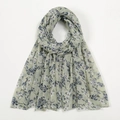 Light green voile scarf with dark blue floral print and semi-sheer texture - Light Green Floral