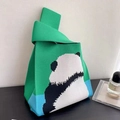 Knitted green and blue knot tote bag with a cute panda pattern and woven texture - Green Back-Facing Bear
