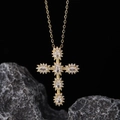 Golden cross necklace with oval clear zircons on a black rock surface - Gold Multi-Main Stone Diamond (款式13)
