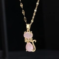 Elegant gold titanium steel necklace featuring a pink gemstone cat pendant and bow detail - 9055 Pink Cat