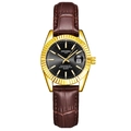 Women's quartz watch with gold case, brown leather strap, and black dial with date - Brown Strap Gold Case Black Dial Women's