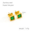 18k gold plated stainless steel stud earrings featuring green square zircon stones - 6mm x 6mm / Green Zirconia
