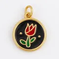 Copper tulip pendant with black enamel inlay and gold plated edge for DIY jewelry - Gold Round Black Tulip