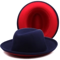 Detail of wide-brim navy fedora with contrasting red lining and classic indented crown - M(56-58cm) / Navy Blue with Red Inside