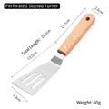Stainless steel slotted spatula with wooden handle and dimensions shown for cooking - Slotted Steak Spatula