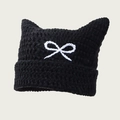 Handmade black cat ear knit hat with white bow detailing for women in winter - One Size / Pure Black with Bowknot