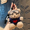 Cute teddy bear plush keychain in blue heart sweater with goggles and black lanyard - Navy Sweater Red Heart Bear