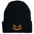 Detail of black knit beanie featuring an orange Halloween pumpkin face embroidery - Black Orange Devil Smiling Face Style (黑色-G)