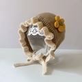Brown knitted baby bonnet with cream lace trim and yellow flower detail for winter warmth - Light Yellow Beige Edge Flower - Lined