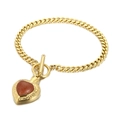 Bracelet coeur doré avec pierre rouge et fermoir OT en acier inoxydable poli - Bracelet en Or avec Pierre de Soleil Brune (KB113934-Z)