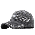Detail of woven baseball cap featuring elegant white pearls and sparkling black rhinestones - Adjustable / Gray