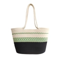 Beige and teal tricolor cotton woven tote bag with long handles for beach leisure - Large / Green Floral Patchwork
