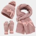 Detail des rosa Strick-Sets mit Schleifendekor und Touchscreen-Funktion an den Fingern - Rosa
