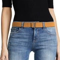 Women's invisible brown elastic belt with flat metal buckle worn on blue denim jeans - Tan / 80-100cm