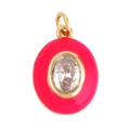 Golden oval pendant featuring pink enamel outer ring and clear faceted gemstone - Oval Rose Red