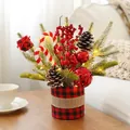 Artificial Christmas pine arrangement with red berries and plaid base decor, 28cm tall - Style C Cylindrical Plaid Base (With String Lights)