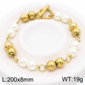 Bracciale in acciaio inossidabile placcato oro 18k con perle in resina e chiusura OT - Stile Perla Rotonda (KB183020-BH) / 200x8mm