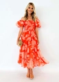 Détail du bustier élastique à smocks et de la jupe à volants sur la robe fleurie - S / Floral Orange