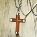 Vintage Kreuzanhänger aus Mahagoniholz mit silberner Stahl-Vierkantkette für Unisex - Einstellbar Offen / Holz-Metall-Kreuz-Halskette Stahlfarbe