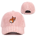 Rosa Cord-Baseballkappe mit Corgi-Stickerei, Vorder- und Rückansicht gezeigt - Verstellbar / Rosa