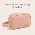 Small rose pink woven PU leather makeup bag with hand strap and zipper for travel - Handbag Small / Rose Pink