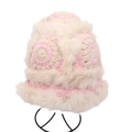 Detailed close-up of pink and white hand-crocheted plush hat with fluffy faux fur trim - One Size / Pink White Contrast Floral