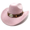 Pink suede cowboy hat detail featuring a brown leather band and embossed silver bull head buckle - M (56-58cm) / Deep Pink