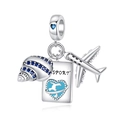 Silver bracelet charms set with seashell blue gemstone passport and airplane dangles - Conch Passport Plane