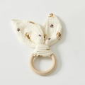 Baby teething ring with tiger print cotton gauze bunny ears on a smooth wood ring - Little Tiger