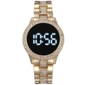 Gold-tone LED digital watch for men and women with dual-row diamond bezel on white background - Gold