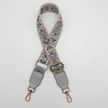 Detail of adjustable 38mm embroidered canvas bag strap with bronze metal hooks - Beige Background Grey Brown Blue Pattern Grey Leather