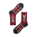 Burgundy and blue checkered cotton socks featuring cute cartoon cat jacquard design - 35-39 / Red Checkered Cat