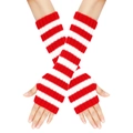 Detail view of red and white striped knitted arm warmers with fingerless design - One Size / Red & White Stripes