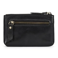 Detailed macro of black genuine leather coin purse with three zippers and brass hardware - 9202-Black Oil Skin 3-Zipper