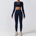 Three-piece dark blue seamless yoga set with cutout long sleeve top and high-waist leggings - S / Bra + Shrug + Leggings / Navy Blue