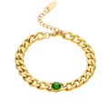 Gold Cuban chain bracelet featuring a central round green gemstone with adjustable lobster clasp - C062 Gold Round Dark Green