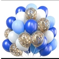 Blue and white latex balloon bouquet with transparent gold confetti for party decor - White, Light Blue, Dark Blue and Confetti Combination