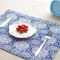 French style navy blue linen placemat with white floral mandala print for home dining - Blue Flowers