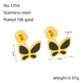Fashionable butterfly stud earrings in gold-plated stainless steel with black enamel - Black